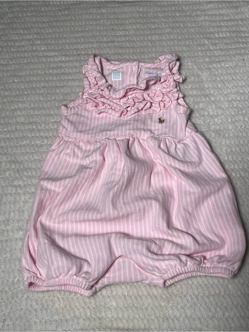 Ralph Lauren Pink and‎ White Striped Ruffle Bubble Romper 100% cotton